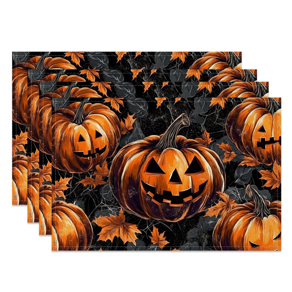 Halloween Placemats Dining Table Spooky Pumpkin Bat Moon Themed Table Mats Party Decor Trick or Treat Dinner Durable Washable