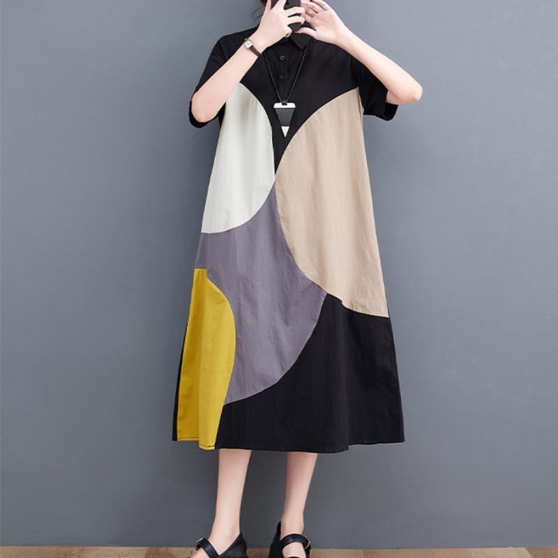 Short Sleeve Patchwork Contrast Color Dresses for Women Loose Casual Vintage Dress Fashion Elegant Clothes Spring Summer 2025