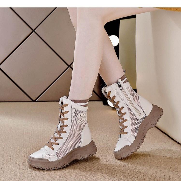 2024 Neue Mode Damen Frühling Sommer Stiefel Wadenhoch Erhöhter Absatz Kurz Atmungsaktiv Dünn Hohl Aus Freizeitstiefel