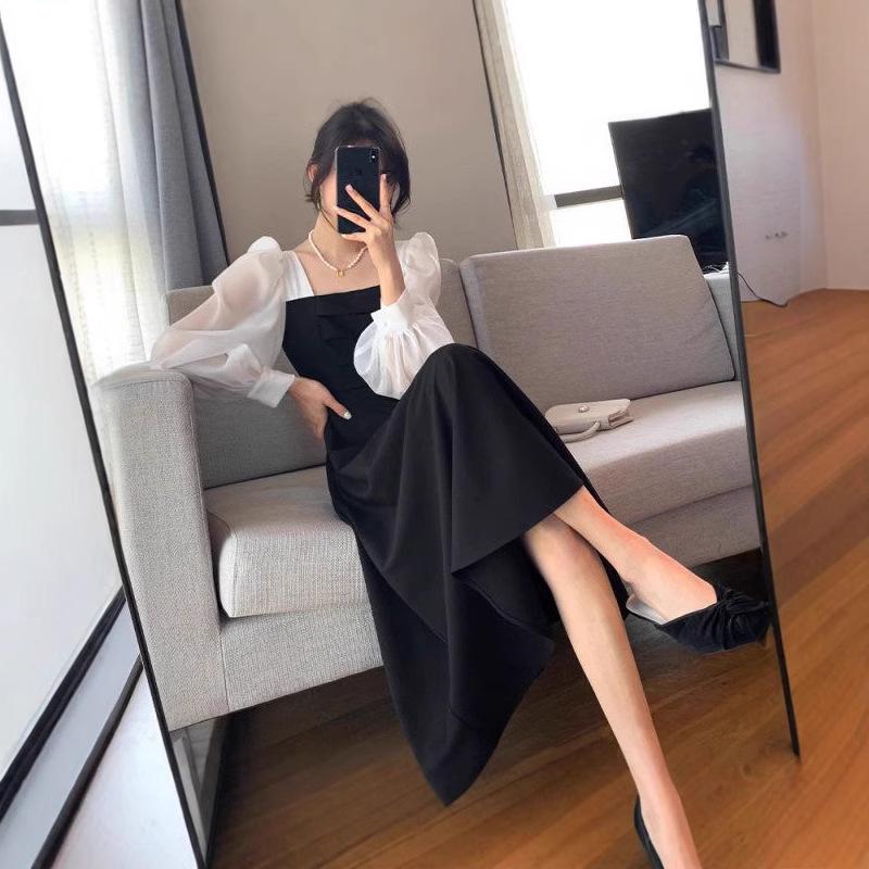 New Season Retro Spliced Square Neck Black Mesh Long Sleeve Dress