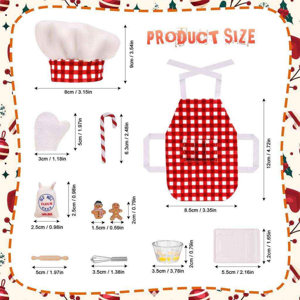 Mini Apron Clothing for Doll Christmas Elf Doll Baker Set Elf Chef Clothing Dress up Accessories Including Chef Hat,Rolling Pin,Egg Beater,Baking