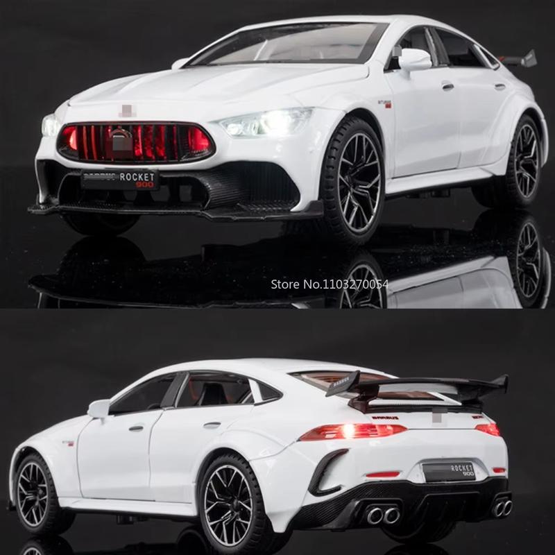 1/24 ROCKET 900 Coche de Juguete Modelo de Aleación Fundida a Presión Neumático de Goma Interior de Simulación 6 Puertas Abribles Adornos Coleccionables Coche Juguete para Niños Regalo para Niño