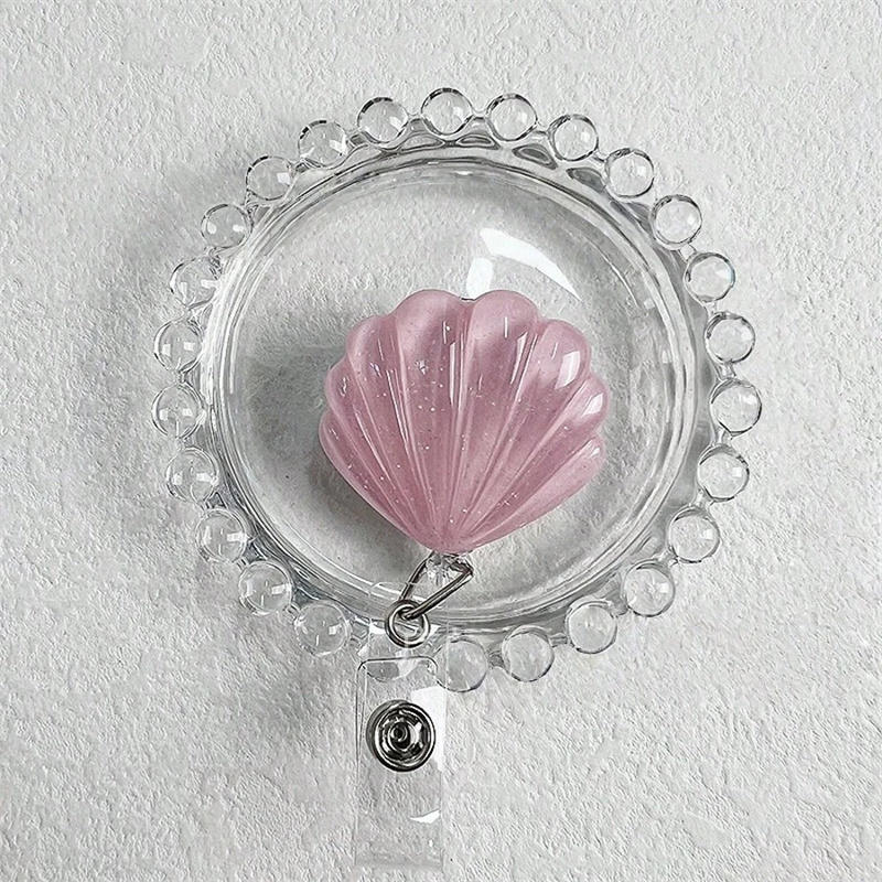 Glitter Seashell Badge Reel Retractable ID Card Badge Holder Name Tag Work Alligator Clip for Teachers Office Staff Nurses