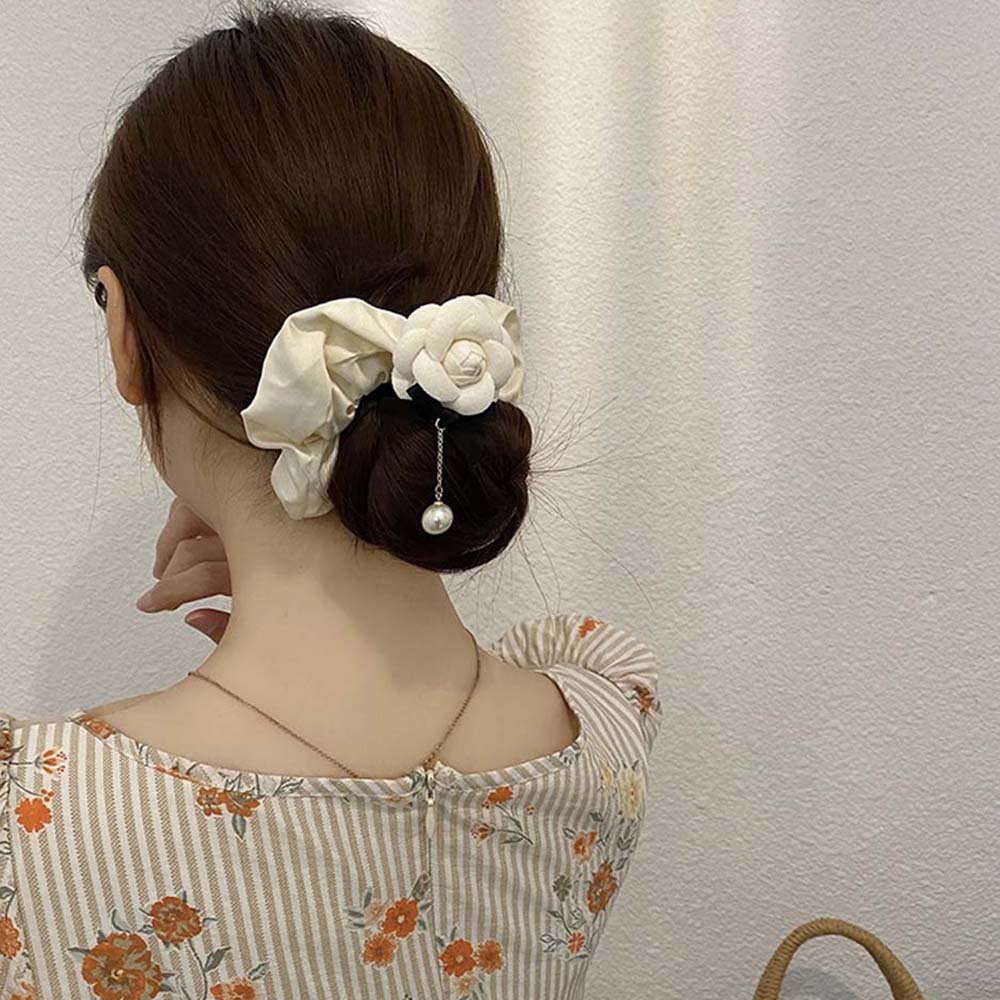 Fashion Headwear Cloth Girls Pearl Camellia Scrunchies Elastic Hair Rope Hair Circle Hair Bands