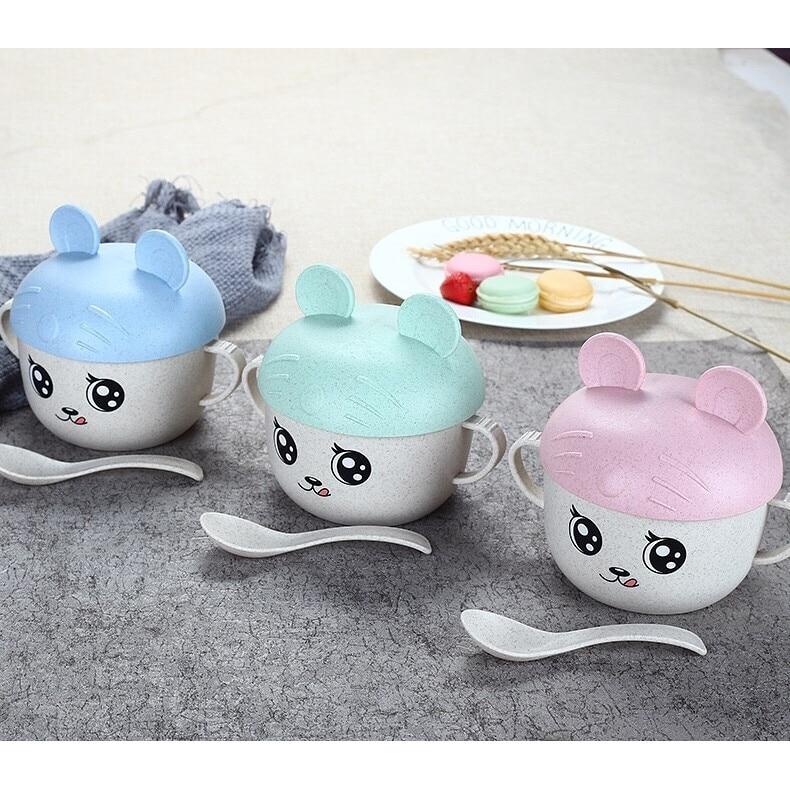 Lala KiDs Baby Straw Cup with Spoon 450ml Blue Bear Design Wheat Straw Eco-Friendly BPA-Free Durable Sterilizable