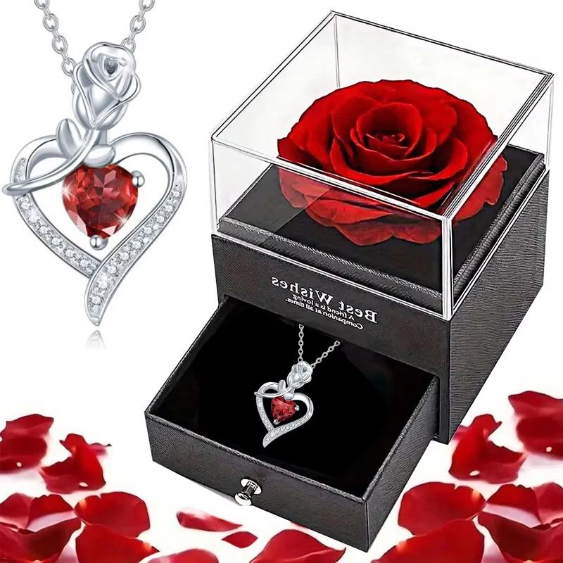 Luxury Red Zircon Pendant Necklaces With Rose Flower Gift Box For Girlfriend Women I Love You Gifts 2025 Trendy Wedding Jewelry