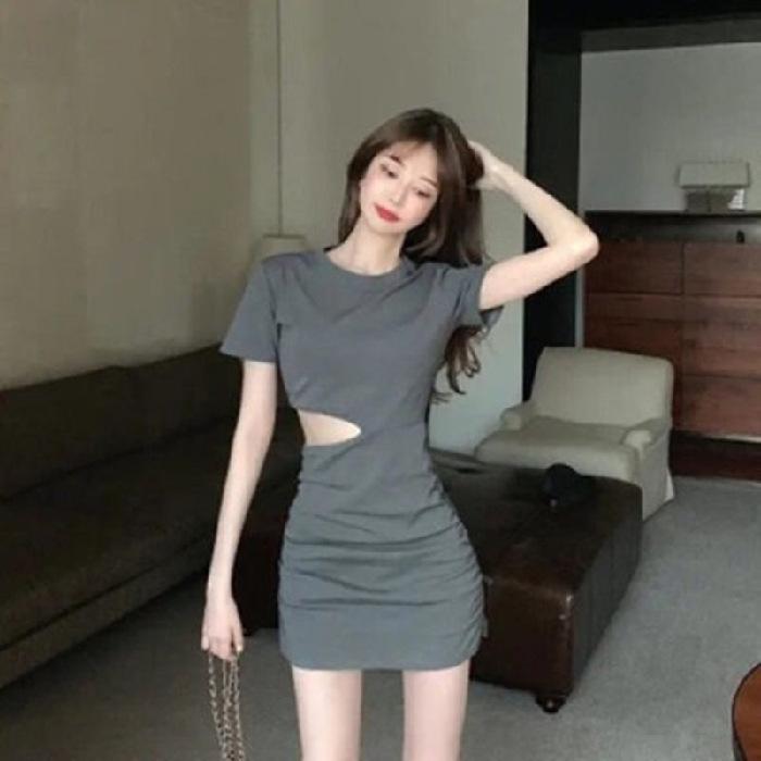 Sexy Waist Slim Short-sleeved Dress Women's Summer Dress New Solid Color High Waist Pleated Hip-wrapped Short Skirt Women's Clothing