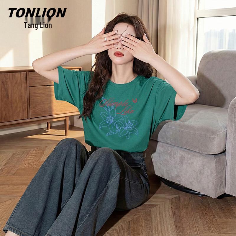 TonLion Women s Red & Blue Lily Print Pure Cotton T-Shirt M