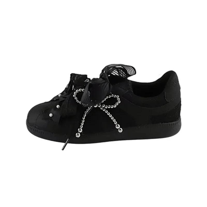 Scarpe da Ginnastica Casual con Pizzo Retrò e Suola Spessa, Nodo a Farfalla con Perle, Versione in Pelle di Mucca da Donna, Scarpe Dequn, Suola in Gomma, Scarpe da Skateboard