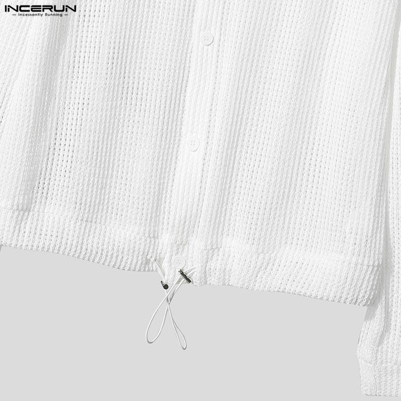INCERUN Oversized Men Long Sleeve Hollow Webbing Casual Loose Cropped Tops Shirts