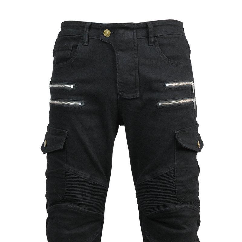 New product Motorcycle jeans men, locomotive tooling multi-bag cycling pants, zipper casual straight pants, knee pads