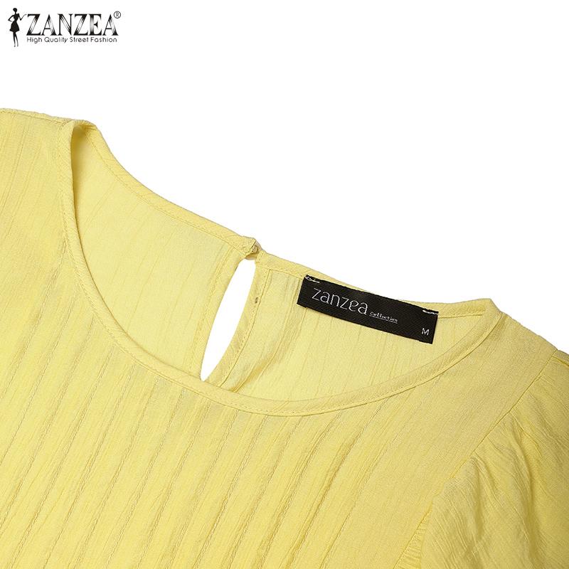 ZANZEA Women Casual Short Sleeve O-neck Ruffled Pleating Elegant Blouse