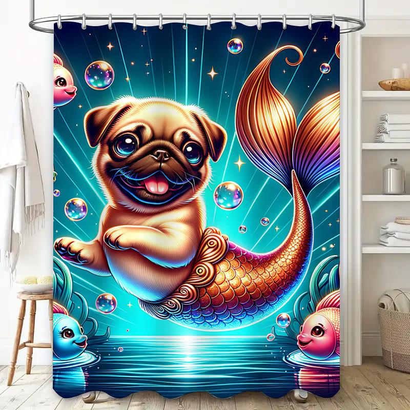 Magical Mer-Pug Shower Curtain Cute Cartoon Pug Fish Tail Bath Decor for Kids Bedroom Blue Ocean Bubble Print Home Decoration Sh