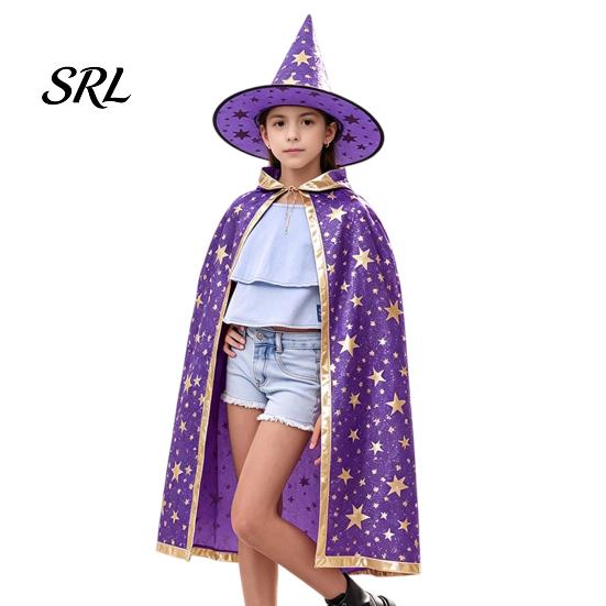 Breathable Holiday Performance Cape Kids Wizard Cloak with Hat for Boys Girls, Halloween Witch Star Pattern Costume Prop Party Cosplay Outfit,