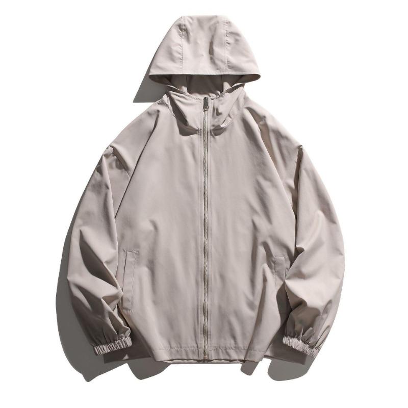 

Men s Light Beige Hooded Windbreaker, Casual Loose Fit Zip-Up Jacket with Pocket Detail M бежевий