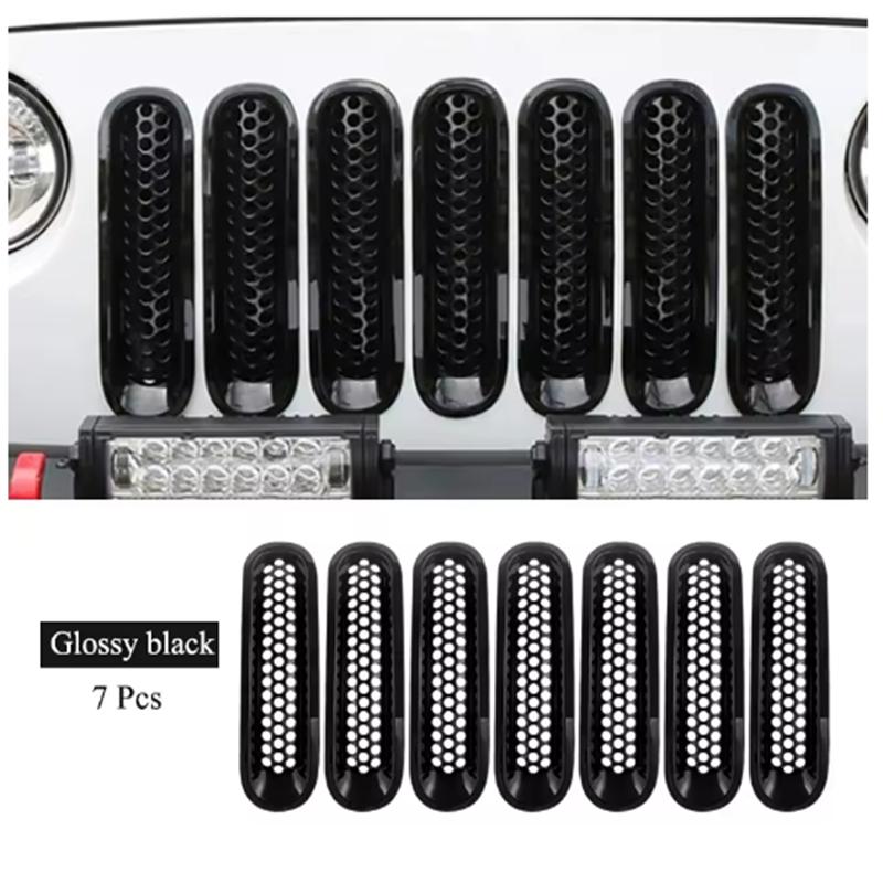 7Pcs Matte Gloosy Black Front Grille Mesh Inserts Trim Car Sticker Grille Cover Guard for Jeep Wrangler JK 2007-2017 Car Styling