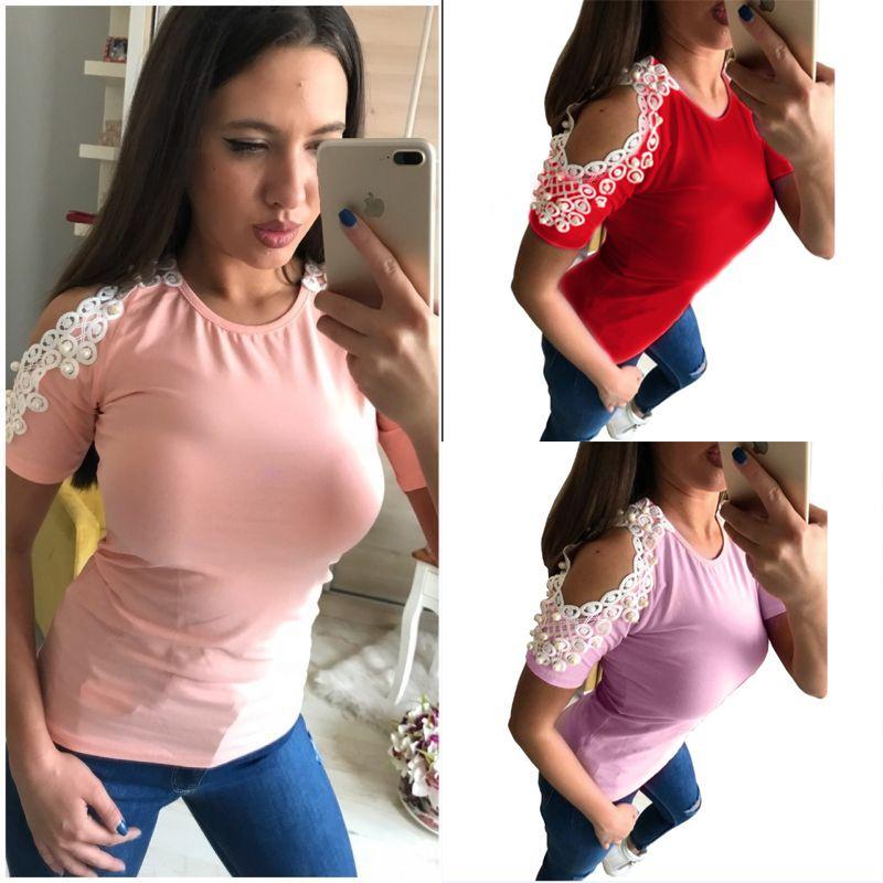 Trendy Women Short Sleeve Off Shoulder Lace Splice Blouse With Comfortable Fit