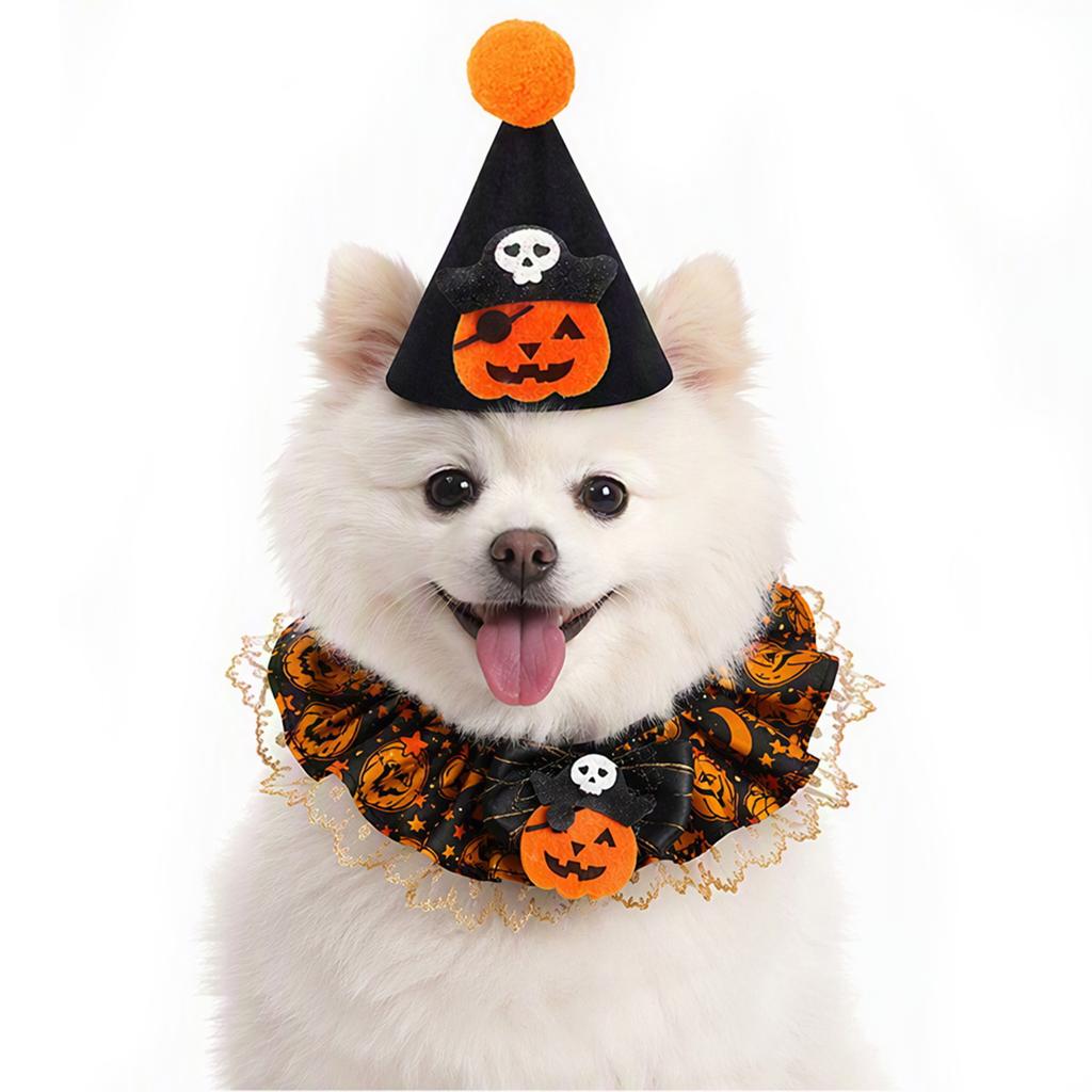 Pet Halloween Lace Bib Collar Adjustable Pumpkin Scarf Cotton Neckwear for Cats Small Dogs Costume Party