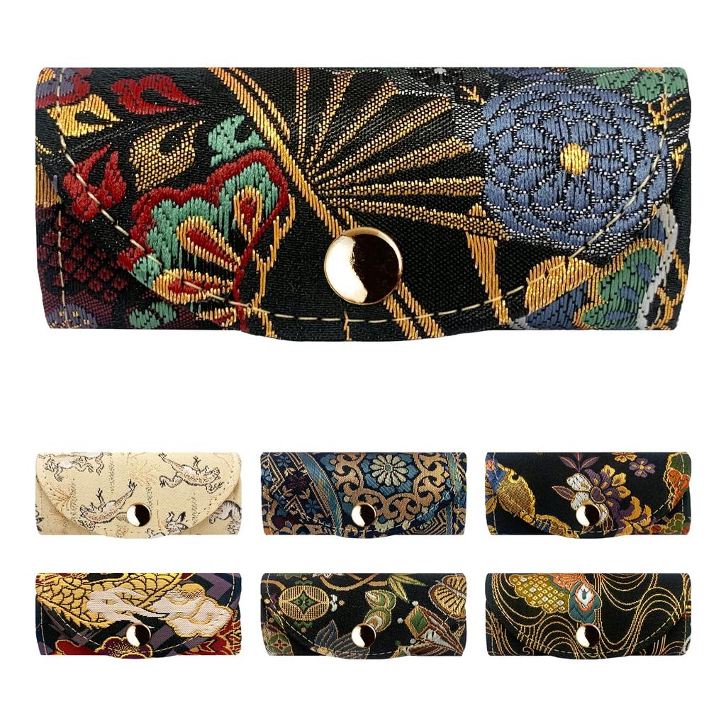 Suport chei țesut Nishijin, suport chei inteligent cu 4 rânduri, suport chei triplit, suport chei compact, cârlig chei cu 4 rânduri, model japonez, brocart auriu, evantai cu umbră de lună