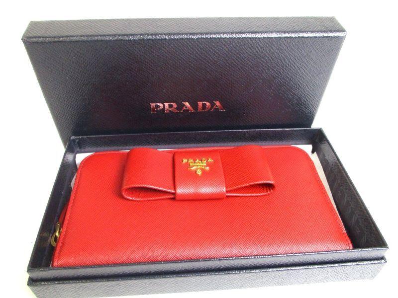 Authentic PRADA Red Saffiano Leather Ribbon Motif Round Zip Long Wallet #a334  Refurbished
