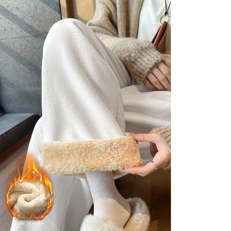 Yüksek Belli Geniş Paça Kadın Polar Astarlı Esnek Kalın Düz Kesim Zayıflatıcı Pantolon Sonbahar Kış