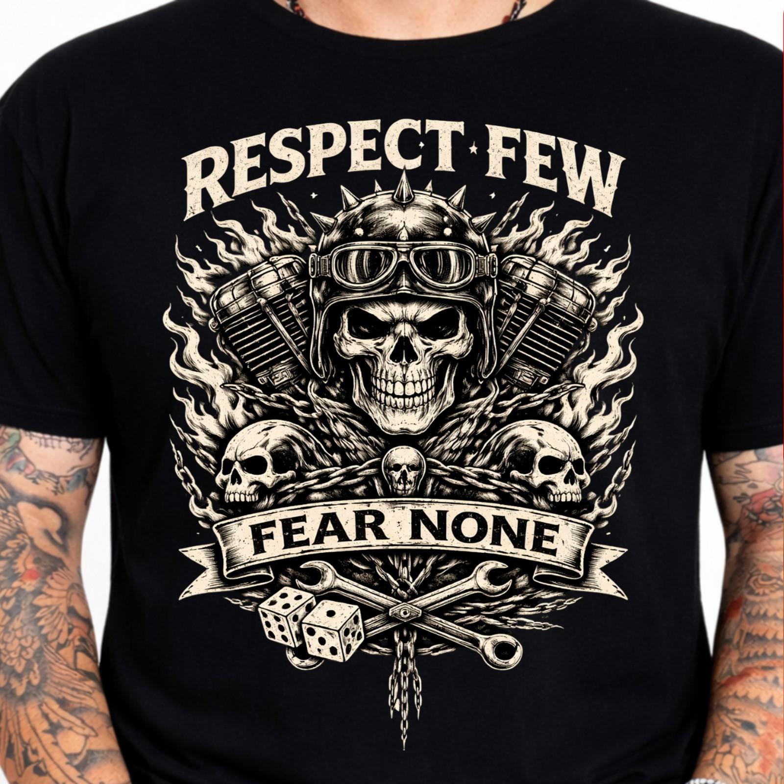 Respect Few Fear None Skull Biker Engine Motorcycle Graphic Tee . L
