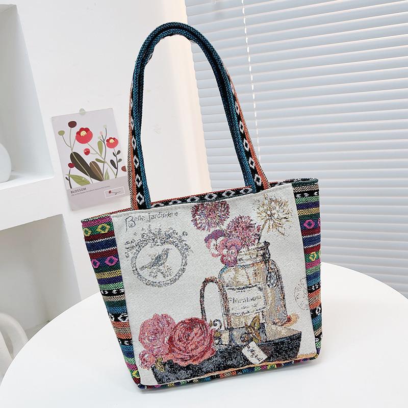 Cartoon embroidered canvas handbag women's bag casual handbag office worker small satchel