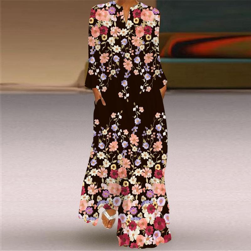 Damen Maxikleid mit floraler Stickerei und Taschen Böhmisches Sommerkleid