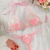 Sexual Interest Red Heart-shaped Thong Underwear with Three-point Fastening, Black and Red Heart-patterned Fleece Bralette Set