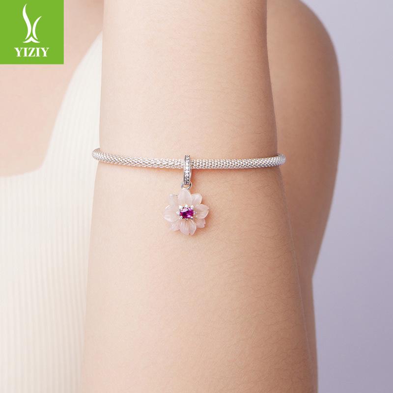 Pink Eternal Flower S925 Sterling Silver Pendant Accessories Romantic Sweet Wind Flower Bracelet Beaded