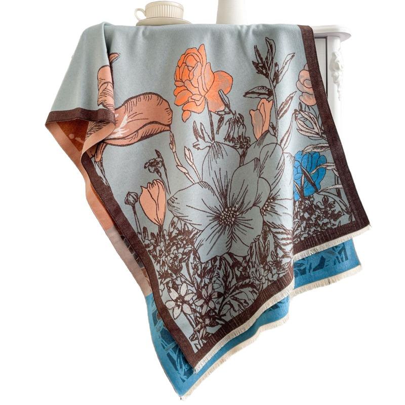 Double-sided contrasting color flower scarf women's high-end sense autumn and winter new printed warm thickened long shawl