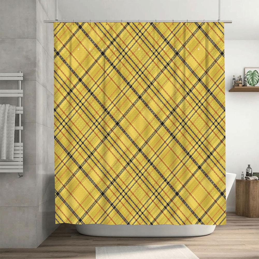 Orange Blue Plaid Shower Curtain Bath Mat Decorative Modern Waterproof Textured Washroom Rug Perfect For Home Decoration Bathroo