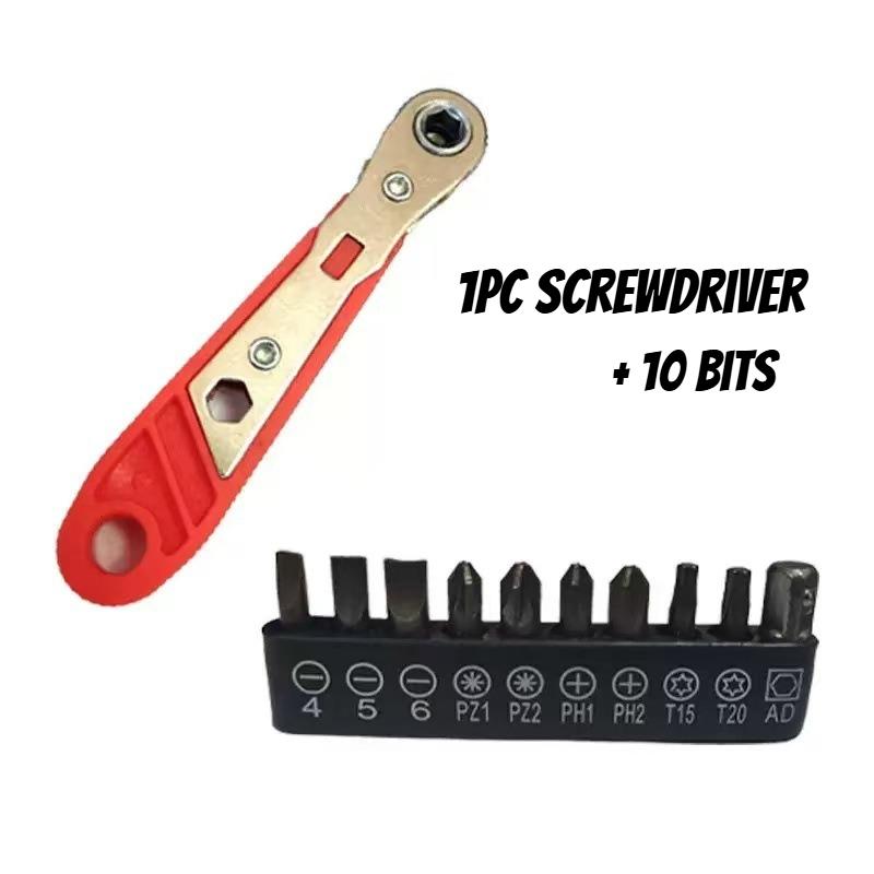 

1pc Ratchet Screwdriver with 10 Bits - Narrow Space Handle, Front/Rear & Right Angle Bending, Cross/Flat/Dome Heads красный