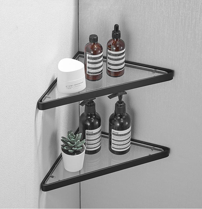 Nickel/Black Bathroom Corner Rack 304 Stainless Steel Shower Room Glass Shelf Wall-mounted Bath Storage Rack Triangle Rack