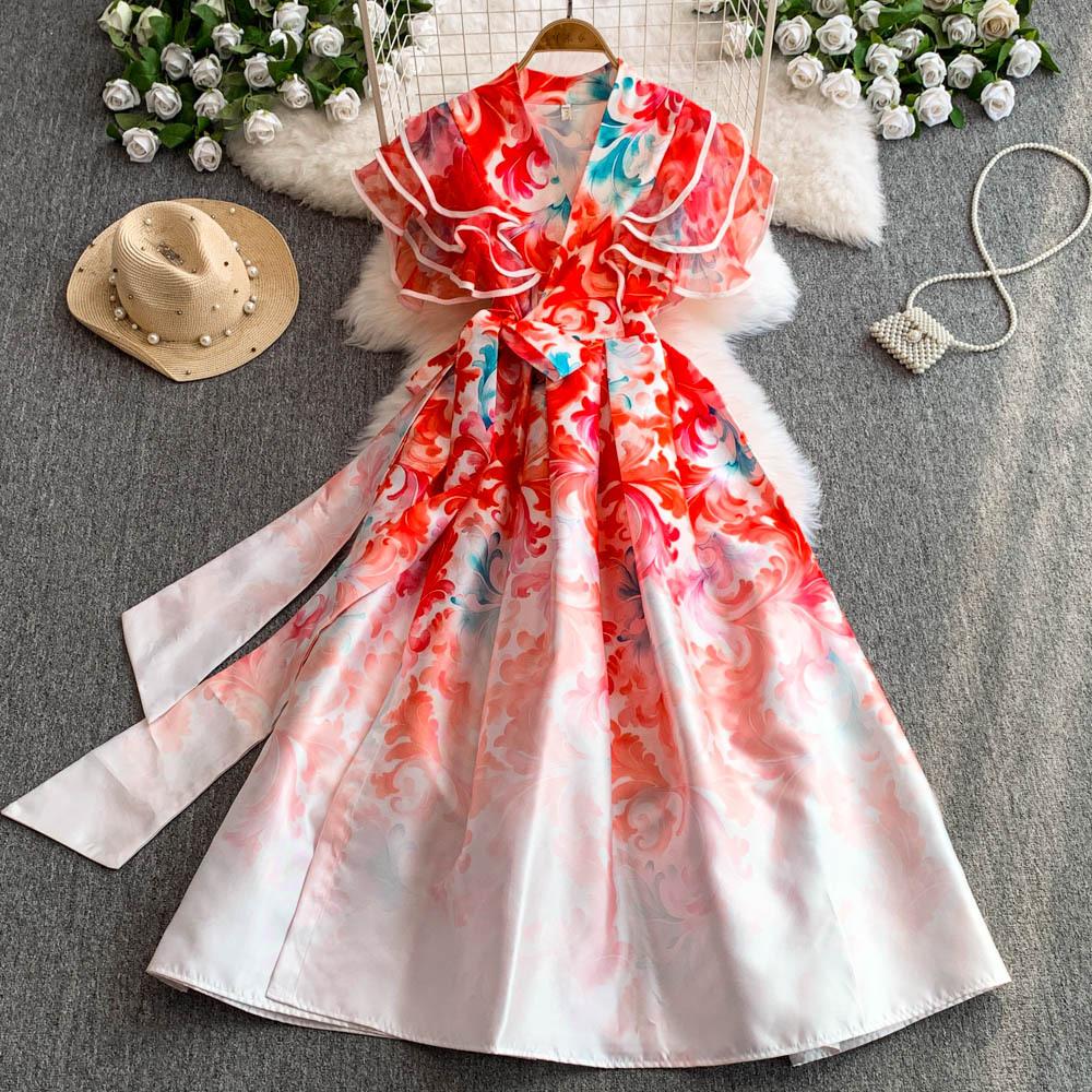 Rochii Lungi Elegante cu Imprimeu Floral Femei Vară Vacanță Mânecă cu Volane Dintr-o Bucată Petrecere Vintage Retro Rochii de Seară