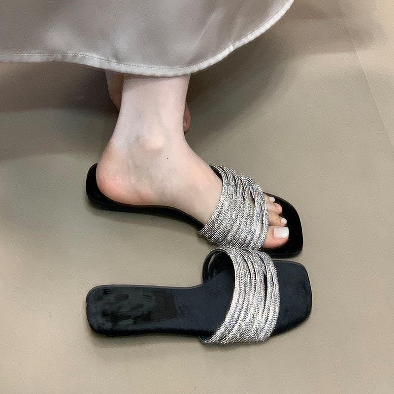 Fashion one-word slippers women's summer wear lazy rhinestones with low heels open-toed sandals high sense