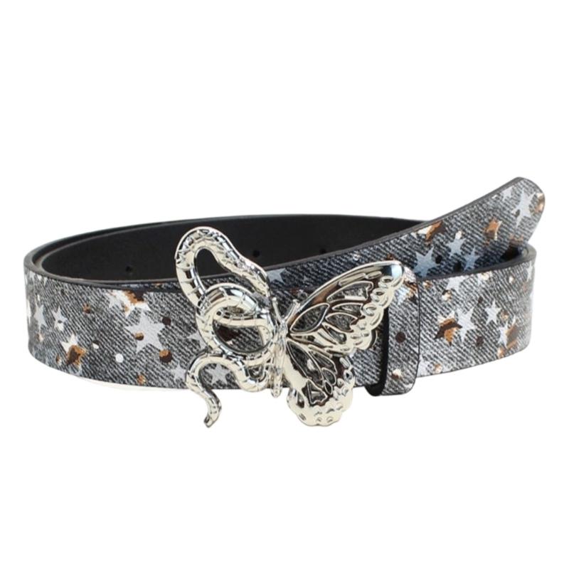 Jean-Look Fashion Belt with Scattered Star Pattern, PU Leather Sash, Metal Hardware and Fit Adjustment Points for Outfits