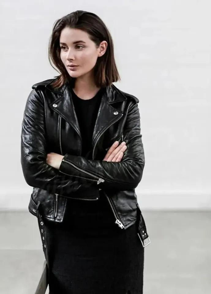 Stylish Woman's Genuine Lambskin Leather Jacket Black Handmade Biker Motorcycle