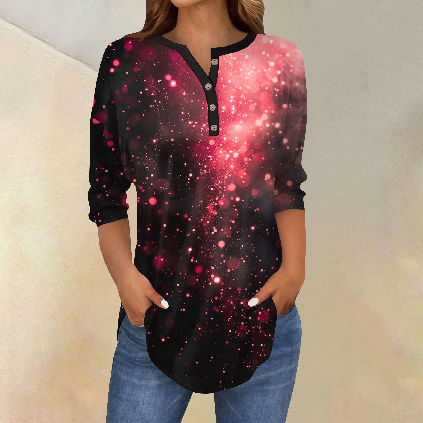 

Женский повседневный топ с рукавами 3/4 и принтом пайеток на пуговицах XL