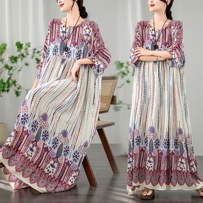 Plus Size Women New Vintage Summer Long Basic Casual Floral Print Holiday O-Neck Oversize Beach T-Shirt Dress