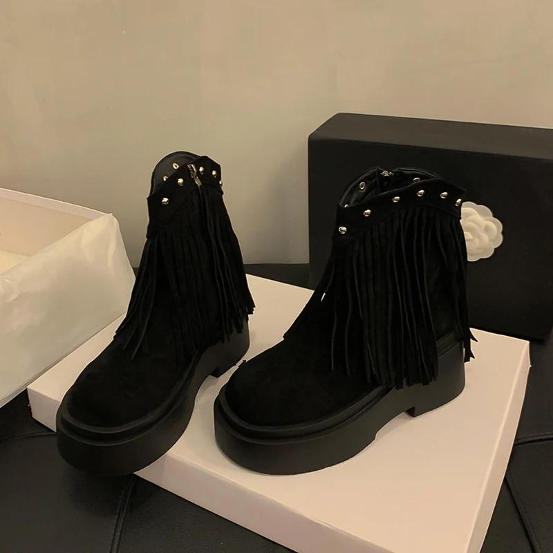 Vintage Chunky Women Western Cowgirl Boots Fashion Tassels Shoes Autumn Winter Platform Heel Ladies Short Booties