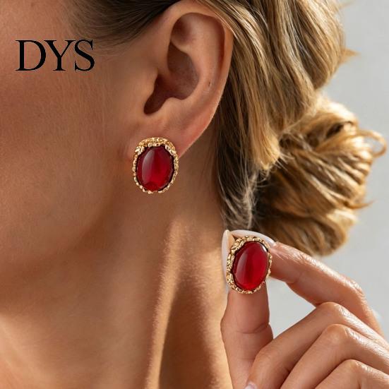 Boho Chic Fashion Earrings 1 Pair Vintage Oval Stud for Women, Retro Statement Commuter Accessories Office Gemstone Earrings, Gold Frame Chunky Stone
