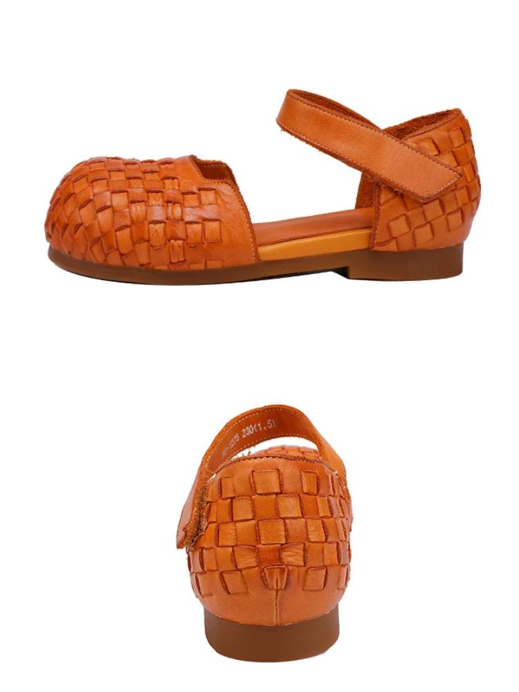 Johnature Women's Sandals Retro Versatile Round Toe Genuine Leather Woven Comfortable Flat Shoes