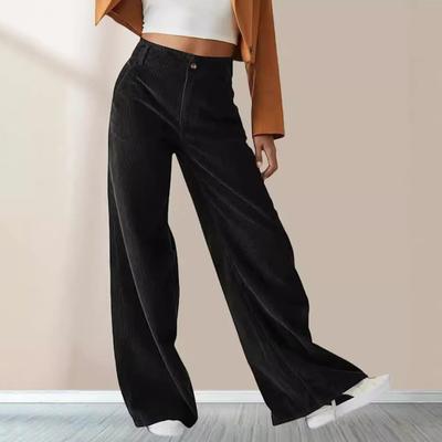 Women Corduroy Long Pants High Waist Button Zipper Fly Solid Color Straight Wide Leg Trousers with Pockets Daily Wear