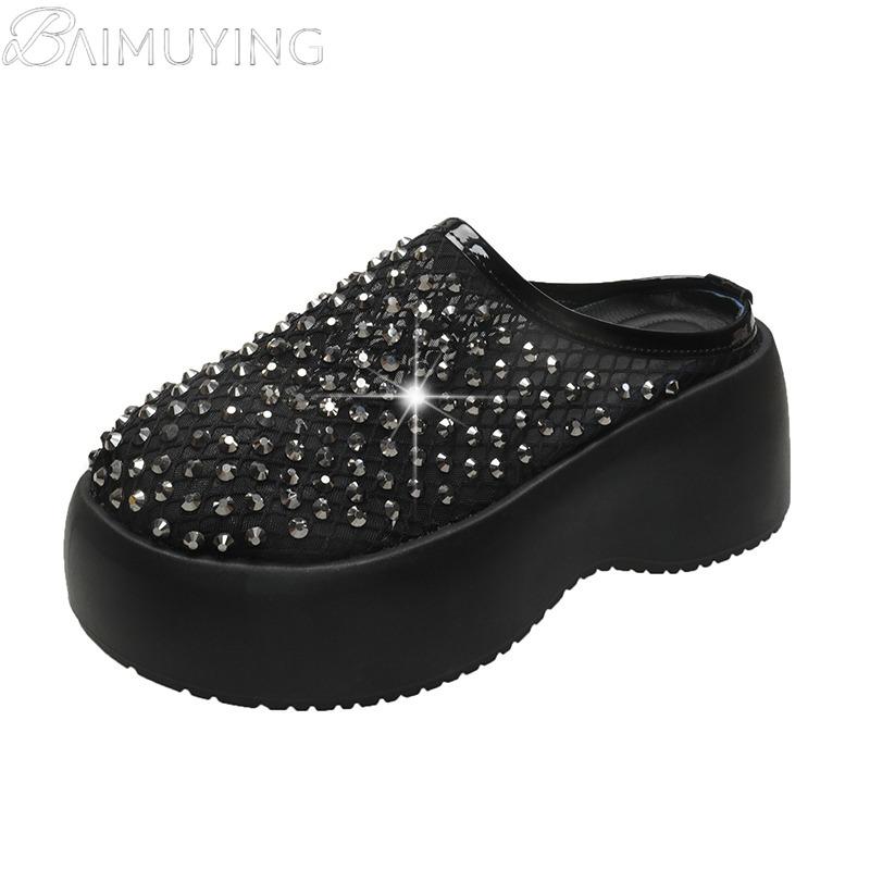 Fashion Crystal Mules Platform Shoes Woman Mesh Slippers Casual Women Flats Sandals Summer 2025 Trend Dress Comfort Wedges Sandalias