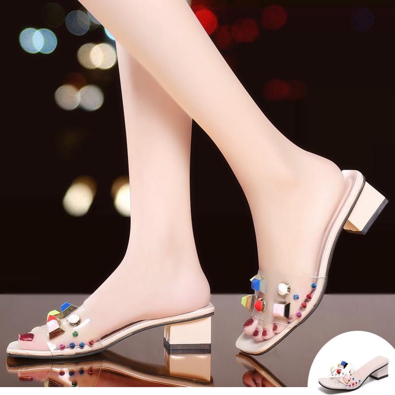 

Женские прозрачные мягкие босоножки на среднем толстом каблуке, женские разноцветные тапочки с заклепками и бриллиантами, нескользящая удобная обувь на мягкой подошве 36 абрикосовый