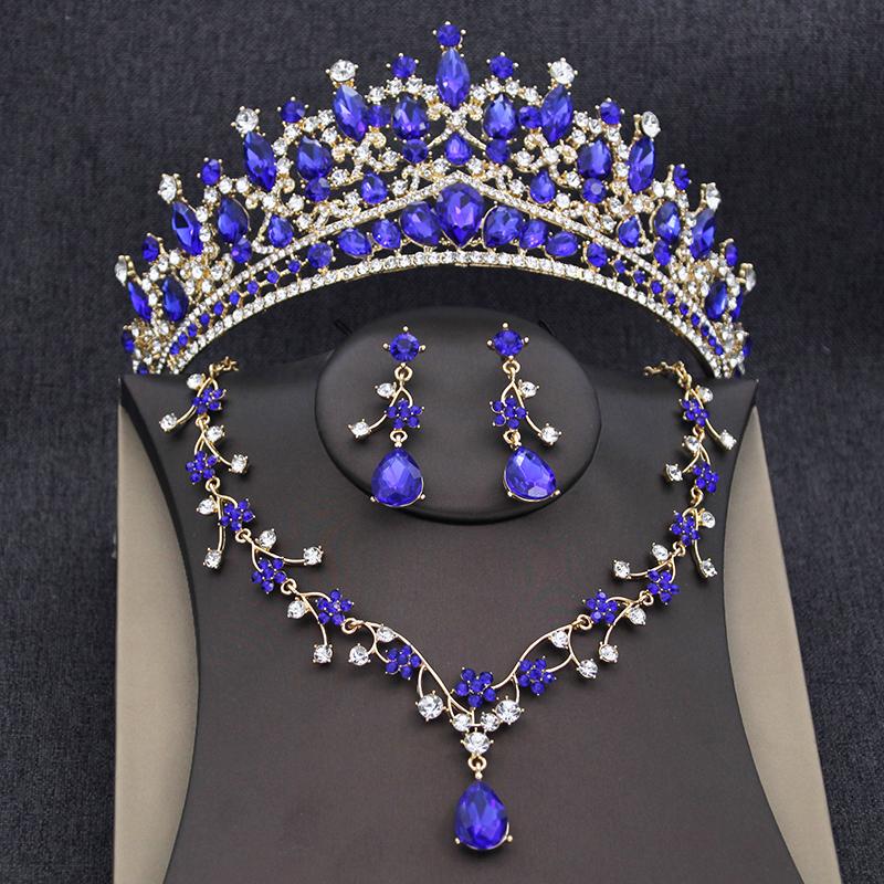 Elegant Purple Tiaras and Bridal Jewelry Sets for Women Wedding Crown Choker Necklace Earrings Set Party Jewelry Accessory
