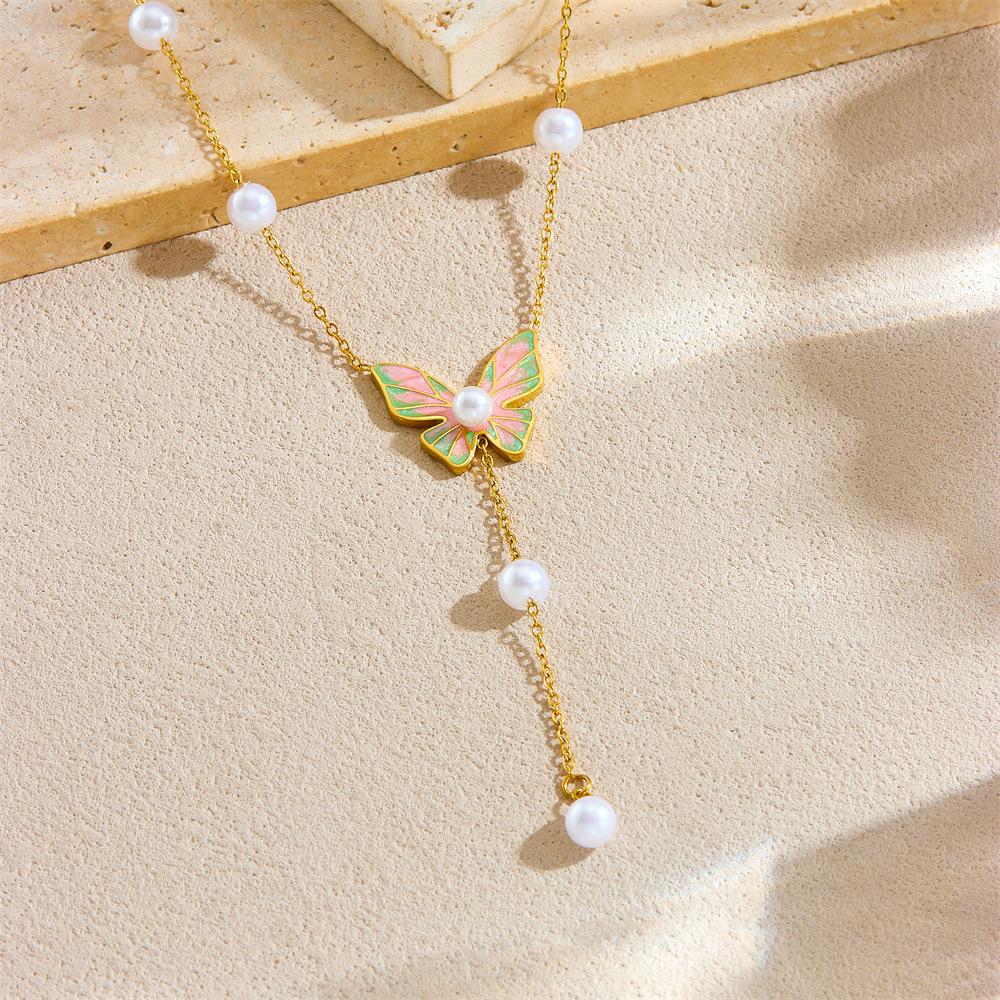 Charming Nature Forest Drip Oil Colorful Butterfly Pearl Long Tassel Necklace Womens Jewelry