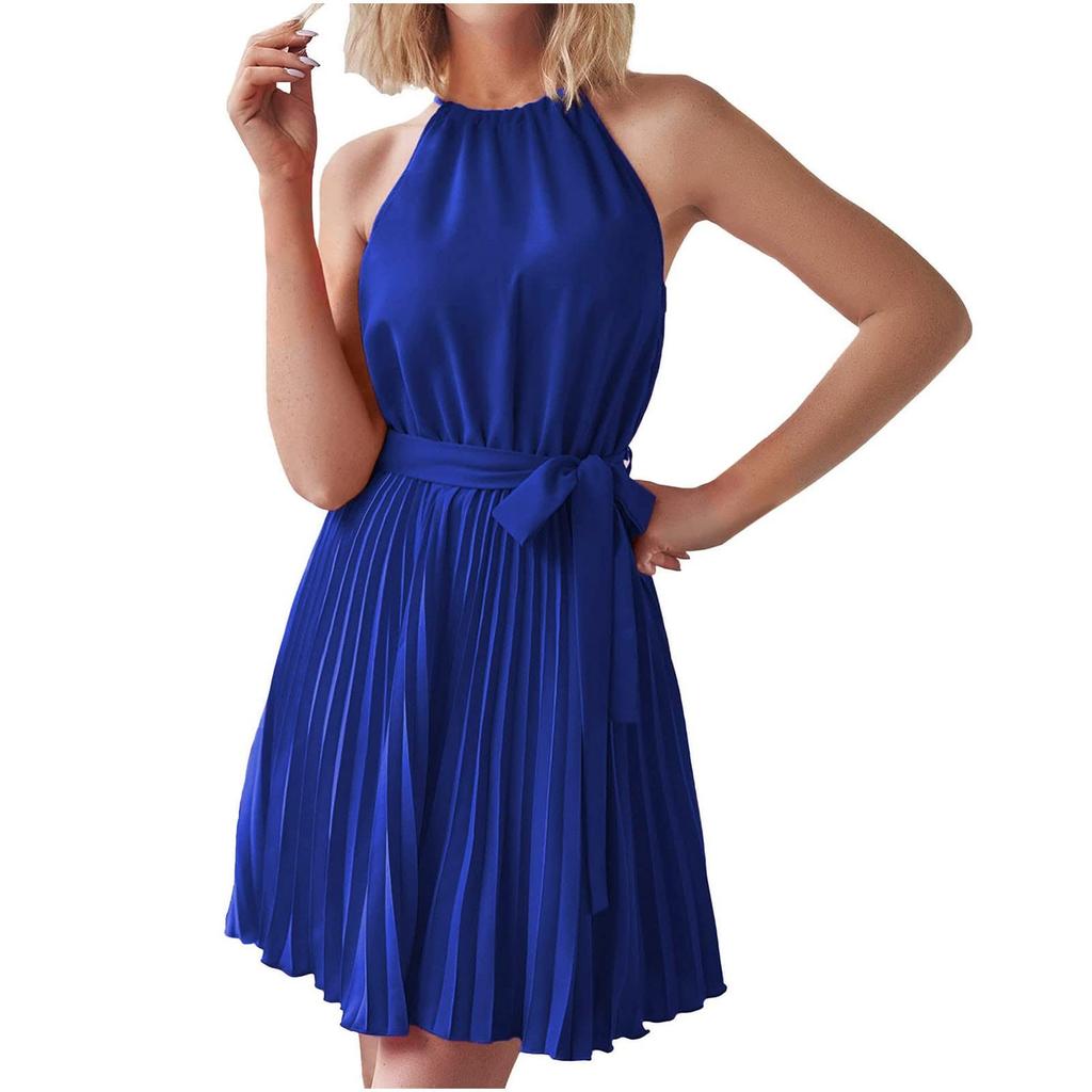 Womens Summer Neck Ties Pleated Cocktail Party Color Beach Dress