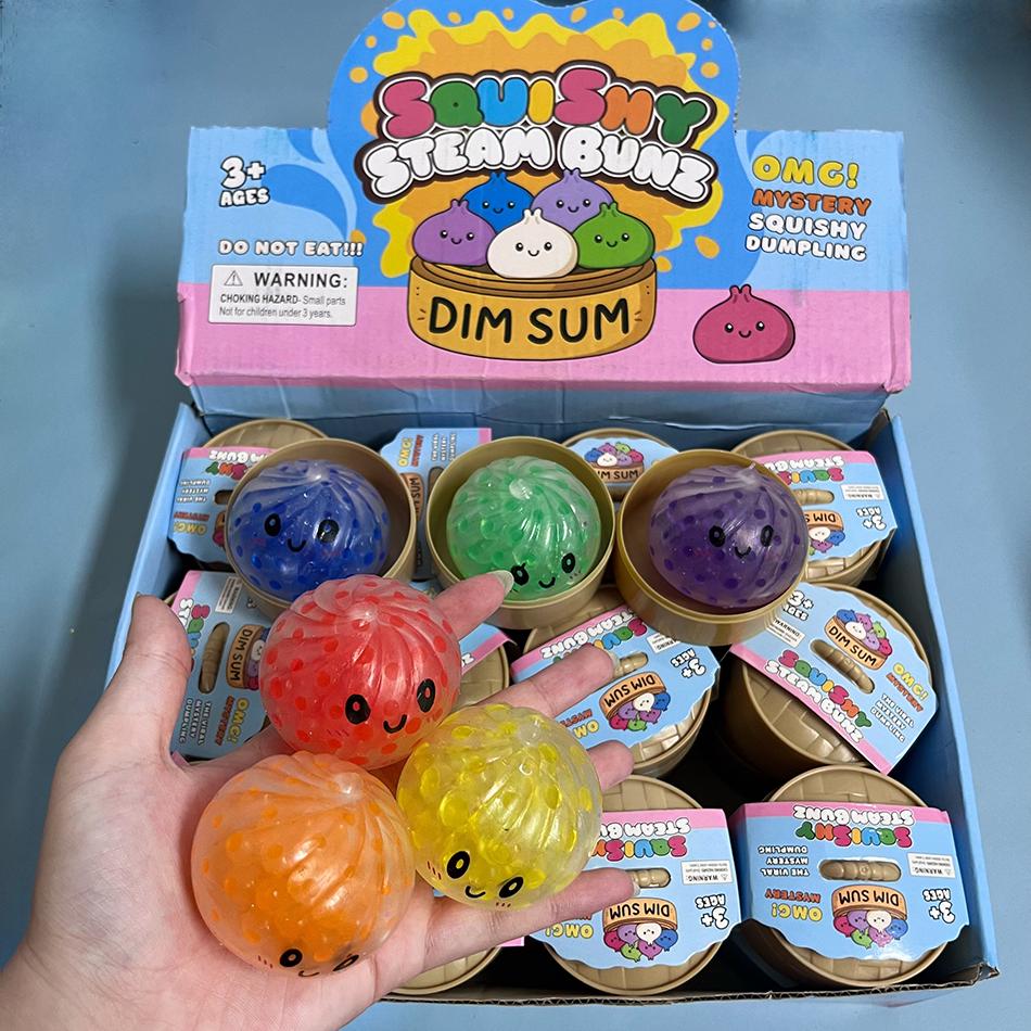 6Pcs Mini Dumplings with Steamer Bun Squeezable Toys Set Soft Stress Relief Crystal Squishy Fidget Sensory Toy Party Favors Gift
